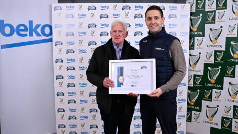 Jimmy O'Shaughnessy of Avondale GAA Club, Wicklow, collecting Award on behalf of his brother Victor, from Beko Ireland Marketing Manager Shane O'Connor 