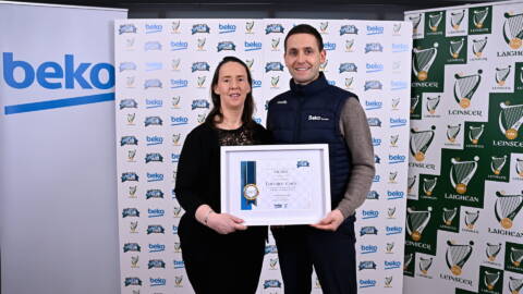 Lorraine Cody of Annanough GAA, Laois, receiving her award from Beko Ireland Marketing Manager Shane O'Connor
