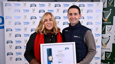 Eilish O'Hare of St Brides Camogie, Louth, receiving her award from Beko Ireland Marketing Manager Shane O'Connor 