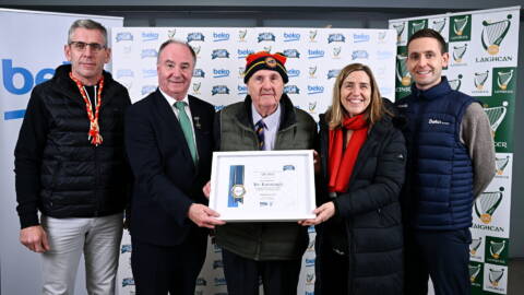Joe Kavanagh of Davidstown-Courtnacuddy, Wexford, receiving his award from Cathaoirleach Comhairle Laighean Derek Kent, second from left, and Beko Ireland Marketing Manager Shane O'Connor, right